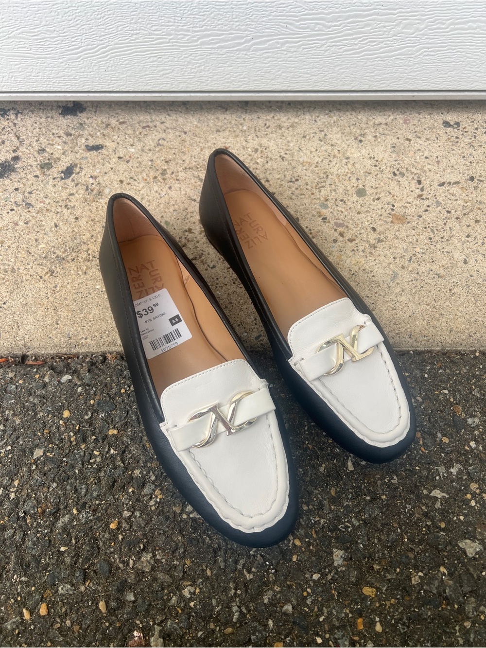 Naturalizer Black and White Two-Tone Loafers with Gold Hardware